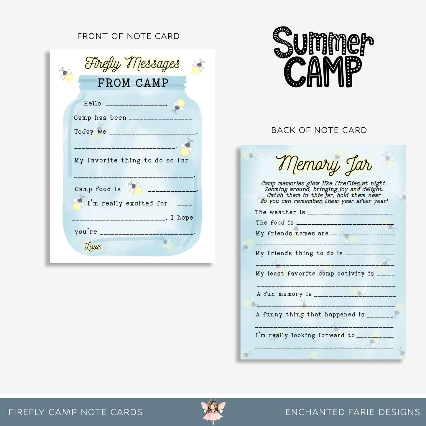 Firefly Camp Memory Notecards for Kids – Summer Camp Stationery Set