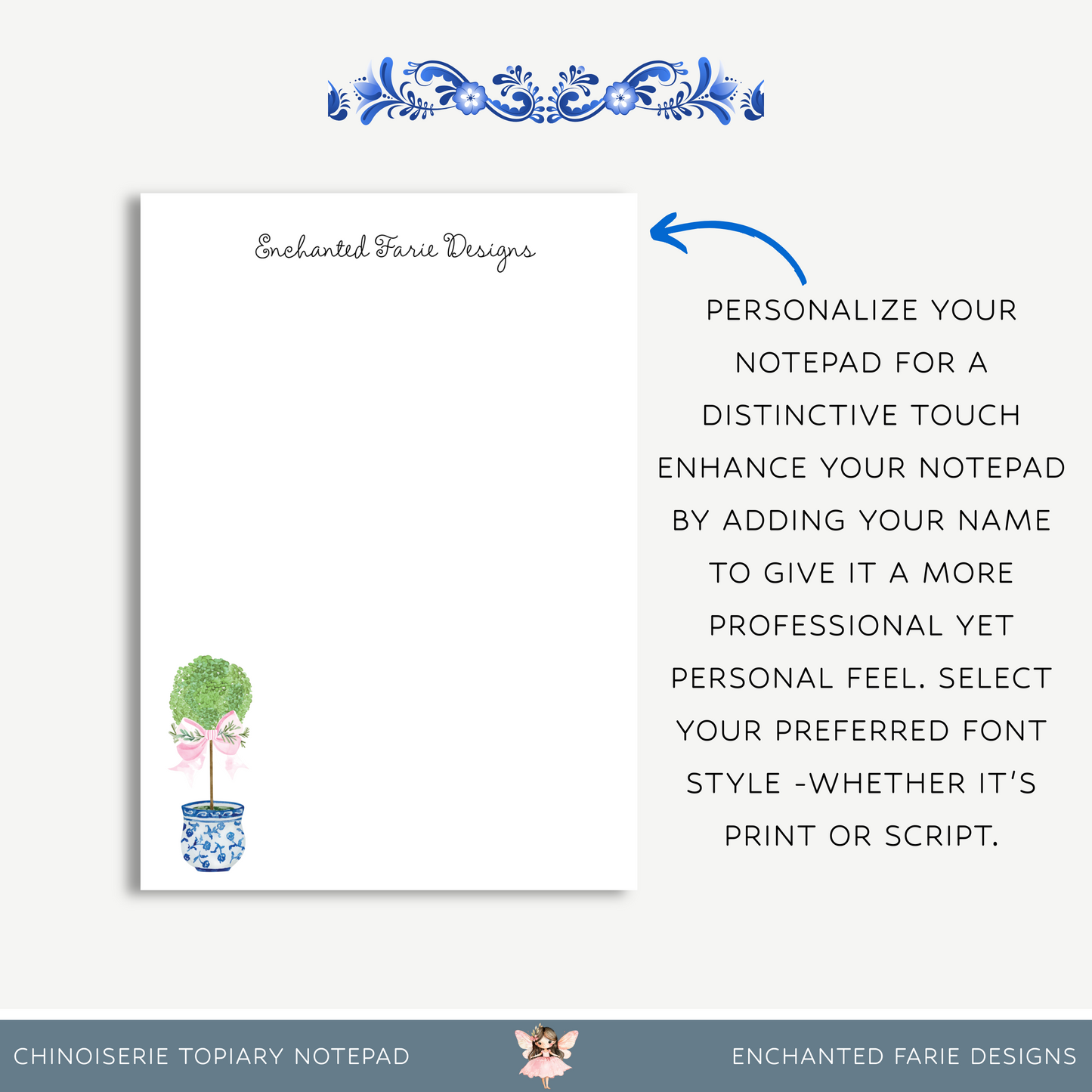 Notepad – Elegant Blue & White Stationery with Pink Bow